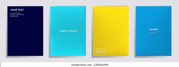 La cuadrícula de semitonos de líneas radiales cubre el conjunto de vectores. Diseños de página de título de folletos futuristas. Carteles, carteles, fondos de volantes con patrones de degradado de medio tono. Impresiones de semicírculos superpuestas.