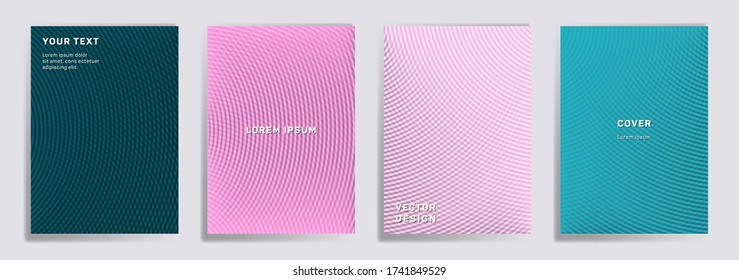 Radial lines halftone grid covers vector collection. Cool brochure title page layouts. Banners, posters, flyers backgrounds with halftone gradient patterns. Intersecting circles prints.
