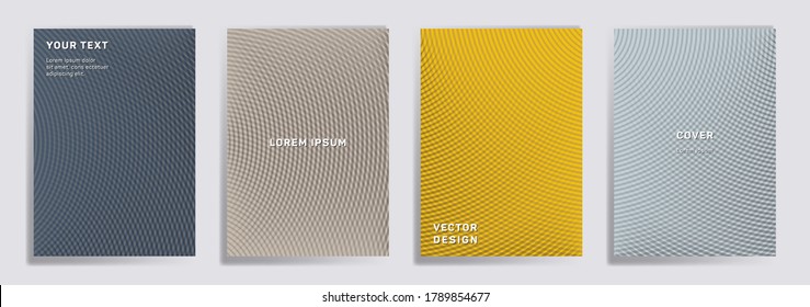 La rejilla de semitono de líneas radiales cubre la colección vectorial. Resumen de los diseños de la página de título del folleto. Notepad, revista, portadas de catálogo comercial con patrones de gradiente de medio tono. Impresiones de semicírculos superpuestas.