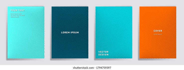 Radial lines halftone grid covers vector set. Tech brochure title page layouts. Notepad, magazine, business catalog covers with lines grid texture patterns. Overlaping semicircles prints.