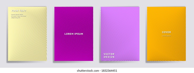 Radial lines halftone grid covers vector set. Creative brochure title page layouts. Banners, posters, flyers backgrounds with halftone gradient patterns. Overlaying semicircles prints.