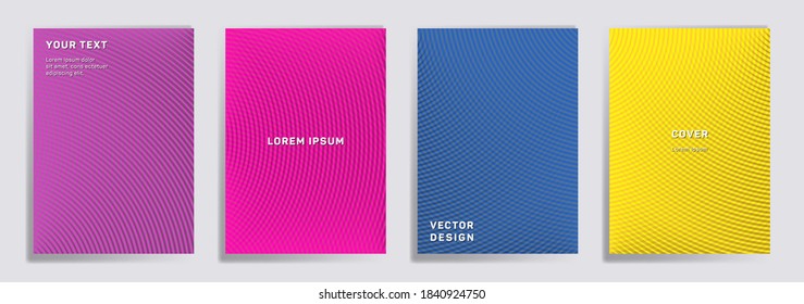 Radial lines halftone grid covers vector collection. Digital brochure title page layouts. Notepad, magazine, business catalog covers with halftone gradient patterns. Overlaping semicircles prints.