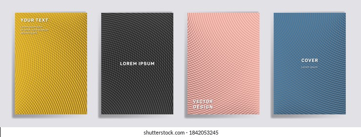 Radial lines halftone grid covers vector set. Futuristic brochure title page layouts. Banners, posters, flyers backgrounds with halftone lines grid patterns. Intersecting circles prints.