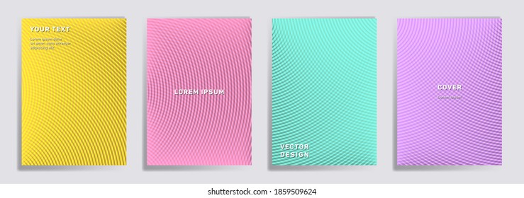 La rejilla de semitono de líneas radiales cubre la colección vectorial. Diseños de páginas de títulos de folletos digitales. Notepad, revista, portadas de catálogo de negocios con patrones de textura de cuadrícula de líneas. Impresiones de círculos interrelacionados.