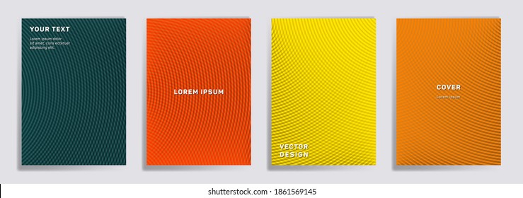 Radial lines halftone grid covers vector set. Abstract brochure title page layouts. Banners, posters, flyers backgrounds with halftone gradient patterns. Overlaping semicircles prints.