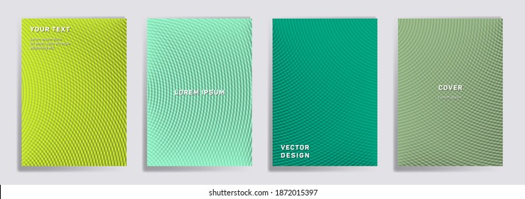 Radial lines halftone grid covers vector set. Tech brochure title page layouts. Banners, posters, flyers backgrounds with halftone lines grid patterns. Overlaping semicircles prints.