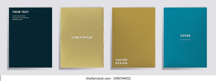 Radial lines halftone grid covers vector set. Abstract brochure title page layouts. Banners, posters, flyers backgrounds with halftone gradient patterns. Overlaping semicircles prints.