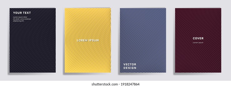 Radial lines halftone grid covers vector collection. Trendy brochure title page layouts. Notepad, magazine, business catalog covers with lines grid texture patterns. Intersecting circles prints.