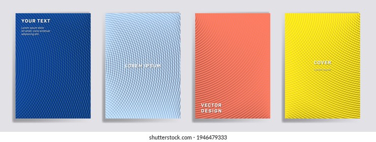 Radial lines halftone grid covers vector collection. Cool brochure title page layouts. Notepad, magazine, business catalog covers with halftone gradient patterns. Intersecting circles prints.