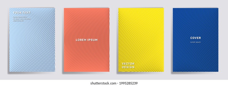Radial lines halftone grid covers vector set. Futuristic brochure title page layouts. Banners, posters, flyers backgrounds with halftone lines grid patterns. Overlaping semicircles prints.