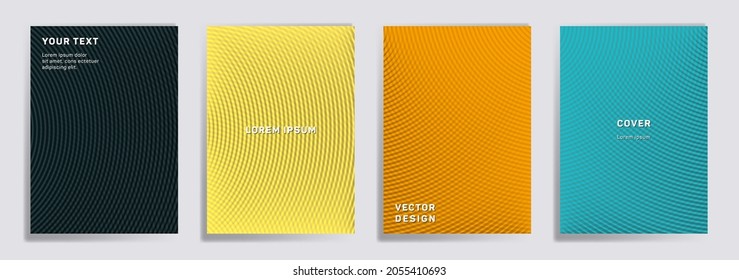 Radial lines halftone grid covers vector collection. Trendy brochure title page layouts. Banners, posters, flyers backgrounds with halftone lines grid patterns. Overlaping semicircles prints.