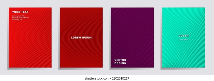 Radial lines halftone grid covers vector set. Tech brochure title page layouts. Banners, posters, flyers backgrounds with halftone gradient patterns. Intersecting circles prints.