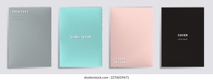 La rejilla de semitono de líneas radiales cubre el conjunto de vectores. Excelente diseño de página de título en el folleto. Pancartas, afiches, fondos de volantes con patrones de cuadrícula de líneas de medio tono. Impresiones de círculos interrelacionados.