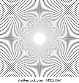 Radial lines starburst, sunburst pattern. Black and white circular lines, stripes abstract element.