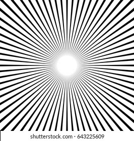 Radial lines starburst, sunburst pattern. Black and white circular lines, stripes abstract element.