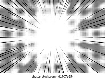 Radial Lines With Substrate Of Halftone Effect. Background For Comic Books. Black And White Vector Illustration