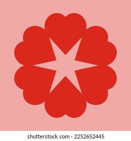 Radial love hearts flower red icon. A group of heart-shaped symbols. Isolated on a pale background.