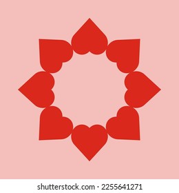 Radial love hearts red shape icon. A circular arrangement of heart shapes. Isolated on a pale background.