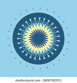 Radial mandala composition in moonlight gold, bright aqua, slate blue, midnight navy, lemon chiffon, misty aqua, steel blue, deep ocean, sky nautical twilight style