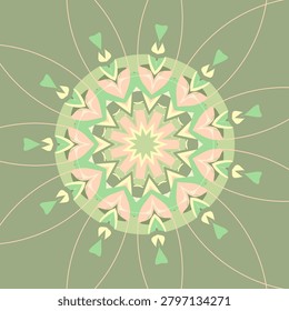 Radial mandala composition rendered in melon skin, daisy yellow, chartreuse, spring bud, moss green, sage leaf, pistachio, parchment and spring sunlit field tones