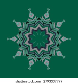 Radial mandala composition rendered in toxic algae, murky depths, midnight cove, black void and halloween deep swamp tones