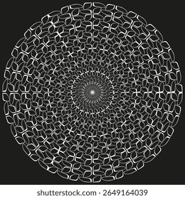 Ornamento mandala radial. Linhas circulares brancas. Roseta de vetor simétrico. Disco escuro intrincado.
