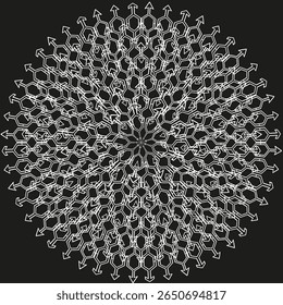 Radial mandala pattern. Intricate circle ornament. White lattice Vector. On black background.