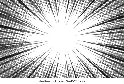 História em quadrinhos de mangá radial. Papel de parede ​linha de velocidade com textura de meio​tom pop art. Ilustração vetorial.