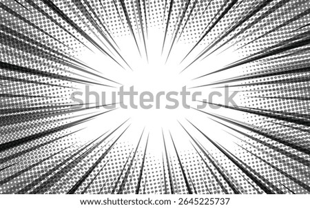 Radial manga comic background. Speed ​​line wallpaper with pop art halftone texture. Vector illustration.