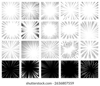 Radial manga frames. Anime round borders, speed lines or explosion effect, different intensity strokes, comics scene tension. Black rays on transparent background, qualitative vector set