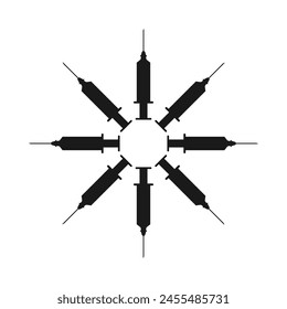 Agujas radiales de jeringuillas médicas, icono de silueta. Un símbolo de medicina circular negro. Aislado sobre un fondo blanco.