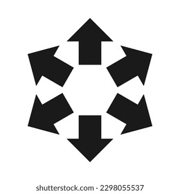 Radial mini arrows silhouette shape icon. A circular arrangement of small black arrow symbols. Isolated on a white background.