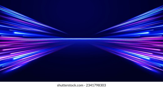 Fondo de desenfoque de movimiento radial. 3 d diseño rápido de fondo neón con luz láser ultra violeta y azul. Vector de exposición a largo plazo. Concepto de ciberautopista, hiperespacio digital o velocidad de la luz.