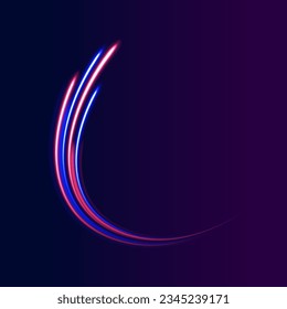 Radiale Bewegung, unscharfer Hintergrund. 3D-schnelles Neonhintergrunddesign mit ultra-violettem und blauem Laserlicht. Lange Exposition, Vektor. Konzept der Cyberautobahn, digitaler Hyperraum oder Lichtgeschwindigkeit.