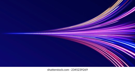 Radial motion blur background. 3d speedy neon background design with ultra violet and blue laser light. Long time exposure vector. Concept of cyber highway, digital hyperspace or speed of light.