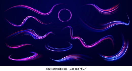 Radial motion blur background. 3d speedy neon background design with ultra violet and blue laser light circle. Long time exposure vector. Concept of cyber highway, digital hyperspace or speed of light
