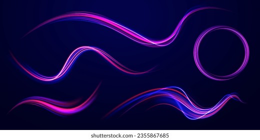 Fondo de desenfoque de movimiento radial. 3 d diseño rápido de fondo neón con círculo de luz láser ultra violeta y azul. Vector de exposición a largo plazo. Concepto de ciberautopista, hiperespacio digital o velocidad de la luz