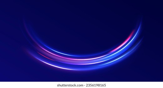 Radial motion blur background. 3d speedy neon background design with ultra violet and blue laser light circle. Long time exposure vector. Concept of cyber highway, digital hyperspace or speed of light