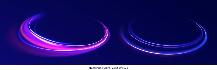 Radial motion blur background. 3d speedy neon background design with ultra violet and blue laser light circle. Long time exposure vector. Concept of cyber highway, digital hyperspace or speed of light