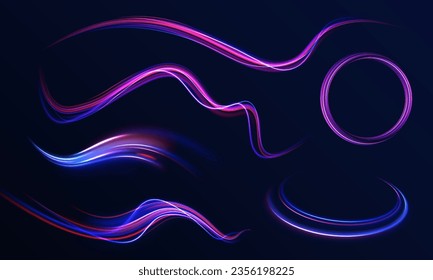 Radial motion blur background. 3d speedy neon background design with ultra violet and blue laser light circle. Long time exposure vector. Concept of cyber highway, digital hyperspace or speed of light