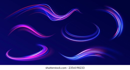 Fondo de desenfoque de movimiento radial. 3 d diseño rápido de fondo neón con círculo de luz láser ultra violeta y azul. Vector de exposición a largo plazo. Concepto de ciberautopista, hiperespacio digital o velocidad de la luz