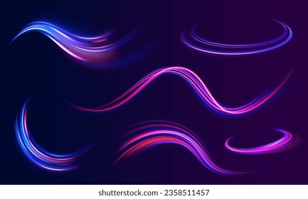 Radial motion blur background. 3d speedy neon background design with ultra violet and blue laser light circle. Long time exposure vector. Concept of cyber highway, digital hyperspace or speed of light