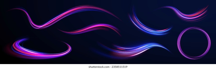 Fondo de desenfoque de movimiento radial. 3 d diseño rápido de fondo neón con círculo de luz láser ultra violeta y azul. Vector de exposición a largo plazo. Concepto de ciberautopista, hiperespacio digital o velocidad de la luz