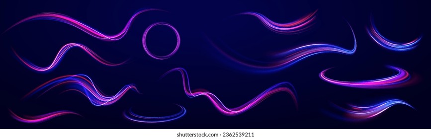 Radial motion blur background. 3d speedy neon background design with ultra violet and blue laser light circle. Long time exposure vector. Concept of cyber highway, digital hyperspace or speed of light