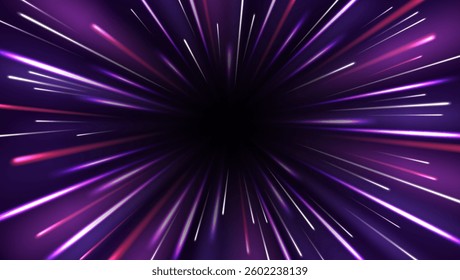 Radial motion effect. High speed light rays, zoom in motion blur effect, starburst dynamic lines and hyperspace jump. Vector abstract tunnel through space background.