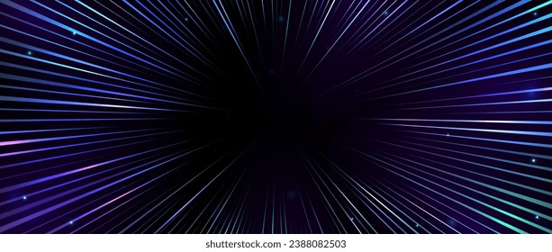 Radial neon light trails. Blue purple and green glowing rays wallpaper. Manga anime speed effect background with sparks, sparkles and stars. Explosion concept backdrop. Vector illustration