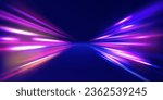 Radial neon motion blur background. Glowing lines, virtual reality jump, speed of light. Space and time strings, highway night lights. 3d render, space tunnel turning to left, ultra violet vector rays