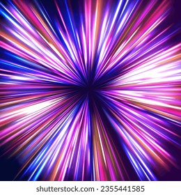 Fondo de neón radial para el desenfoque. Líneas brillantes, salto de realidad virtual, velocidad de la luz. El espacio y las cuerdas de tiempo, las luces nocturnas de la autopista. 3d procesado, túnel espacial girando a la izquierda, rayos vectoriales ultravioletas