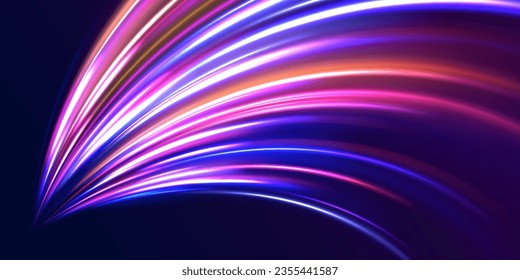 Radial neon motion blur background. Glowing lines, virtual reality jump, speed of light. Space and time strings, highway night lights. 3d render, space tunnel turning to left, ultra violet vector rays
