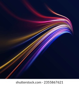 Radial neon motion blur background. Glowing lines, virtual reality jump, speed of light. Space and time strings, highway night lights. 3d render, space tunnel turning to left, ultra violet vector rays